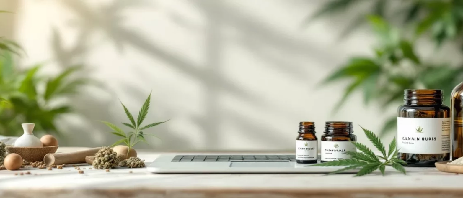 Various cannabis oil products on a table with plants