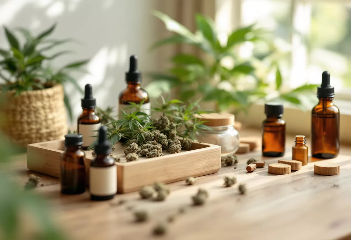 Various hemp oil bottles and cannabis plants on a wooden table