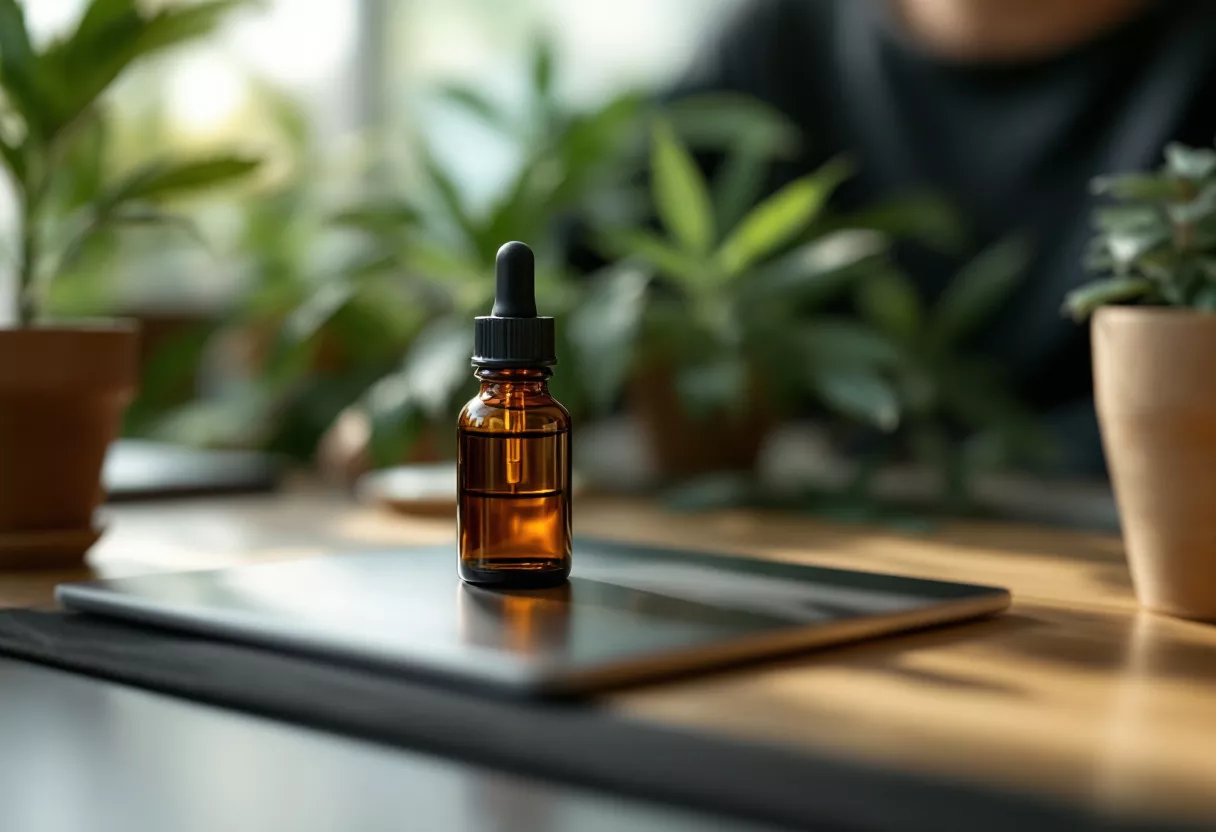 Amber dropper bottle on a wooden surface with plants