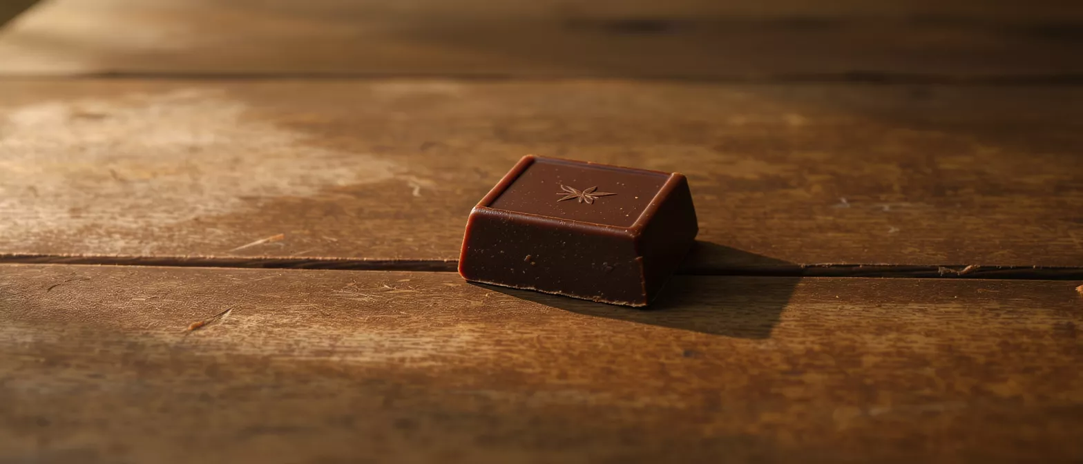 Elegant Chocolate Praline A single dark chocolate praline with a star anise imprint on a wooden table.