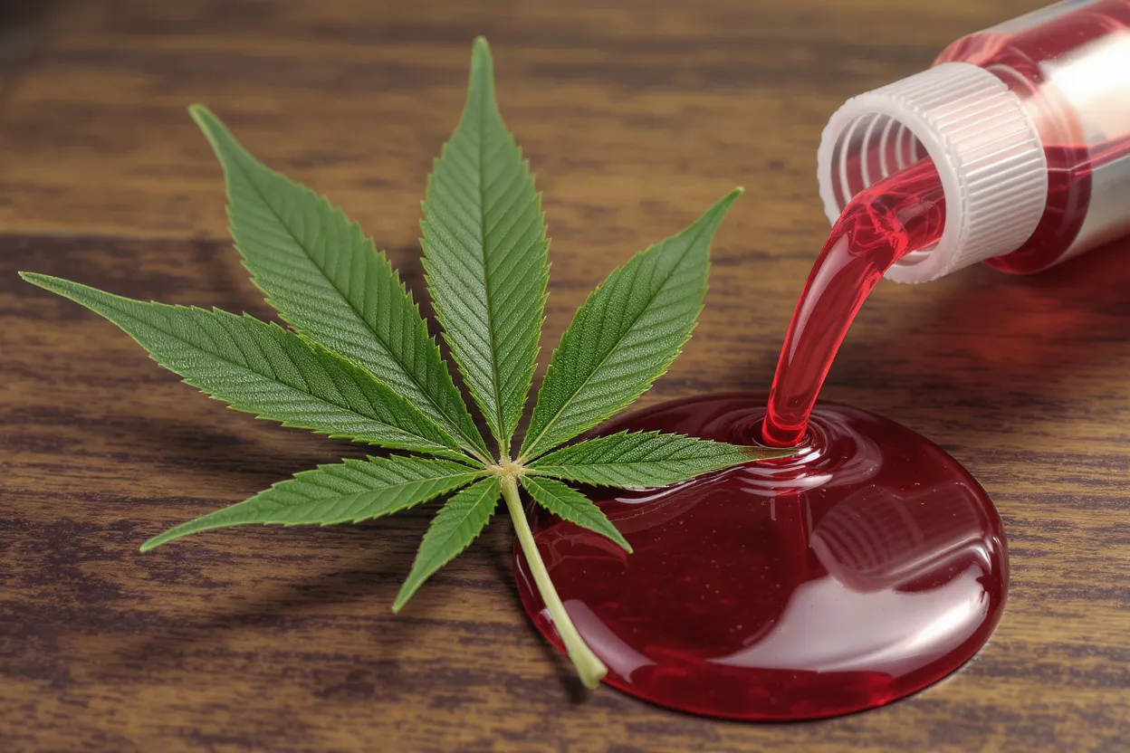 A vibrant green cannabis leaf next to red liquid pouring from a bottle.