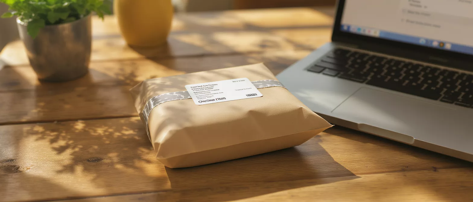 A brown paper package with a label and ribbon sits on a wooden desk next to a laptop.