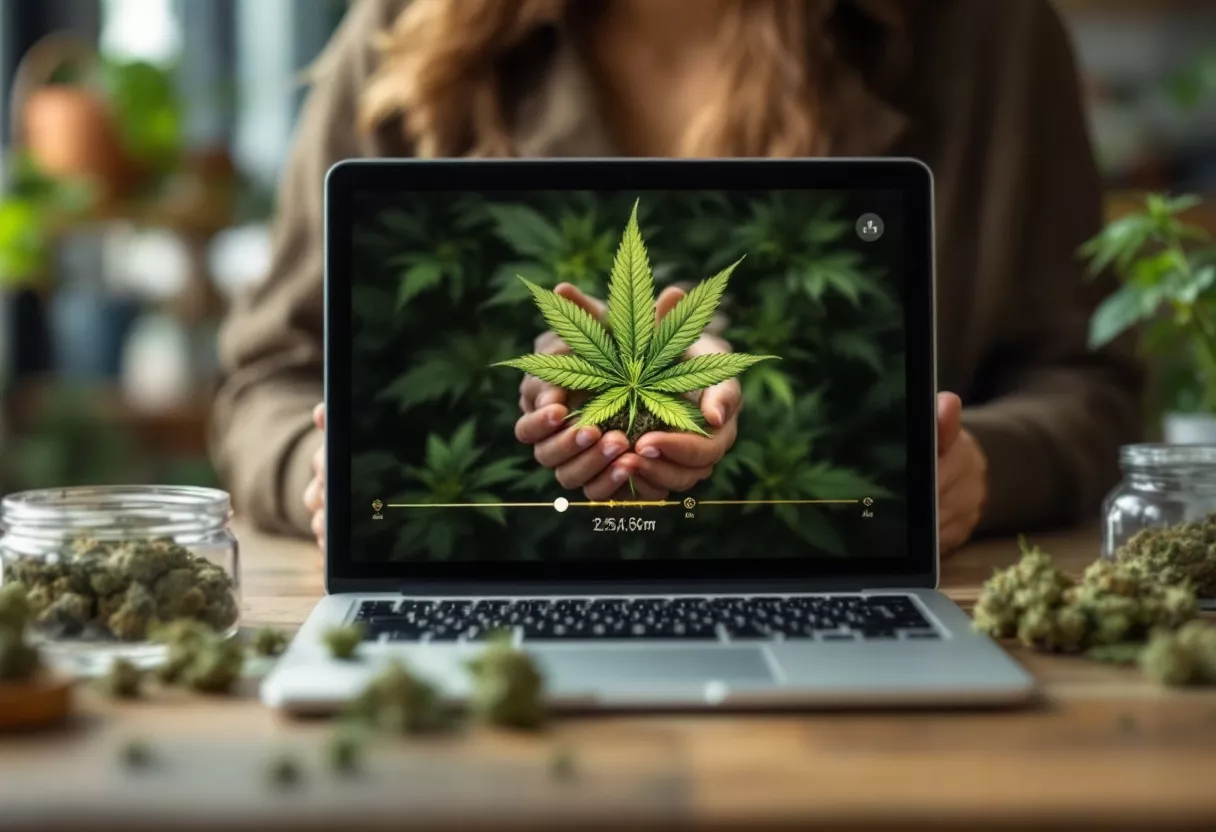 Manos sosteniendo hoja de cannabis Persona sosteniendo hoja de cannabis en pantalla de laptop