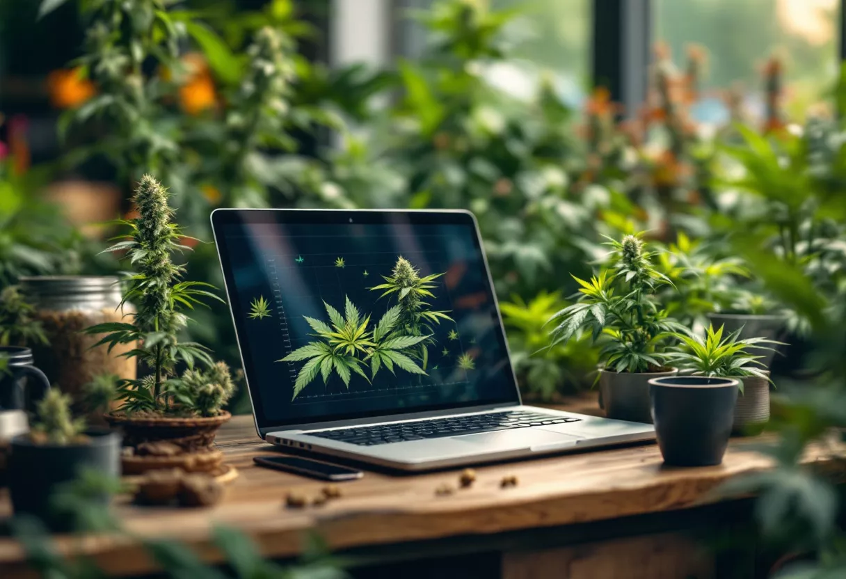 Portátil rodeado de plantas de cannabis Portátil que muestra gráficos de plantas de cannabis en un entorno verde