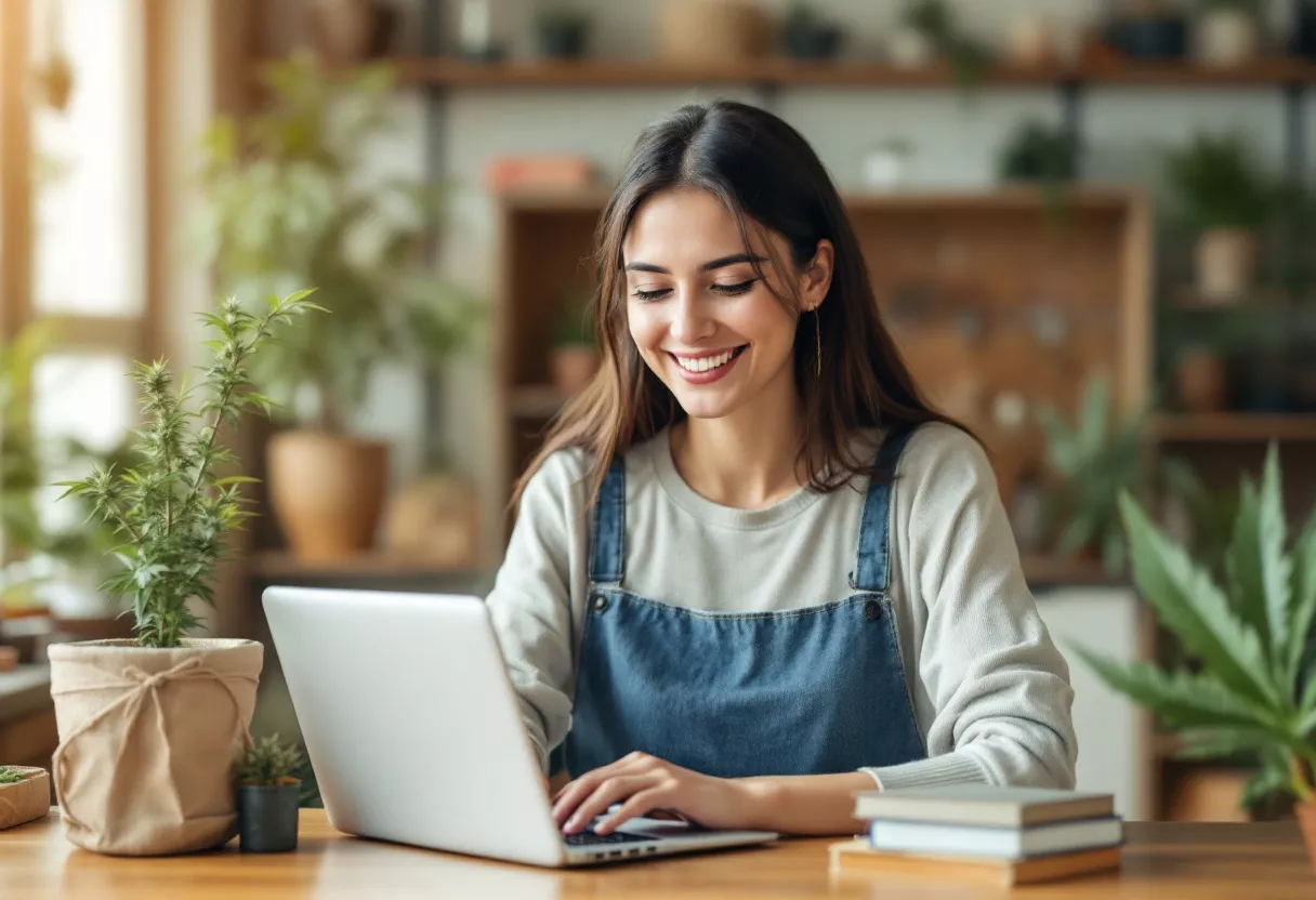 Mujer feliz trabajando en portátil Una mujer sonriendo mientras usa un portátil en un escritorio