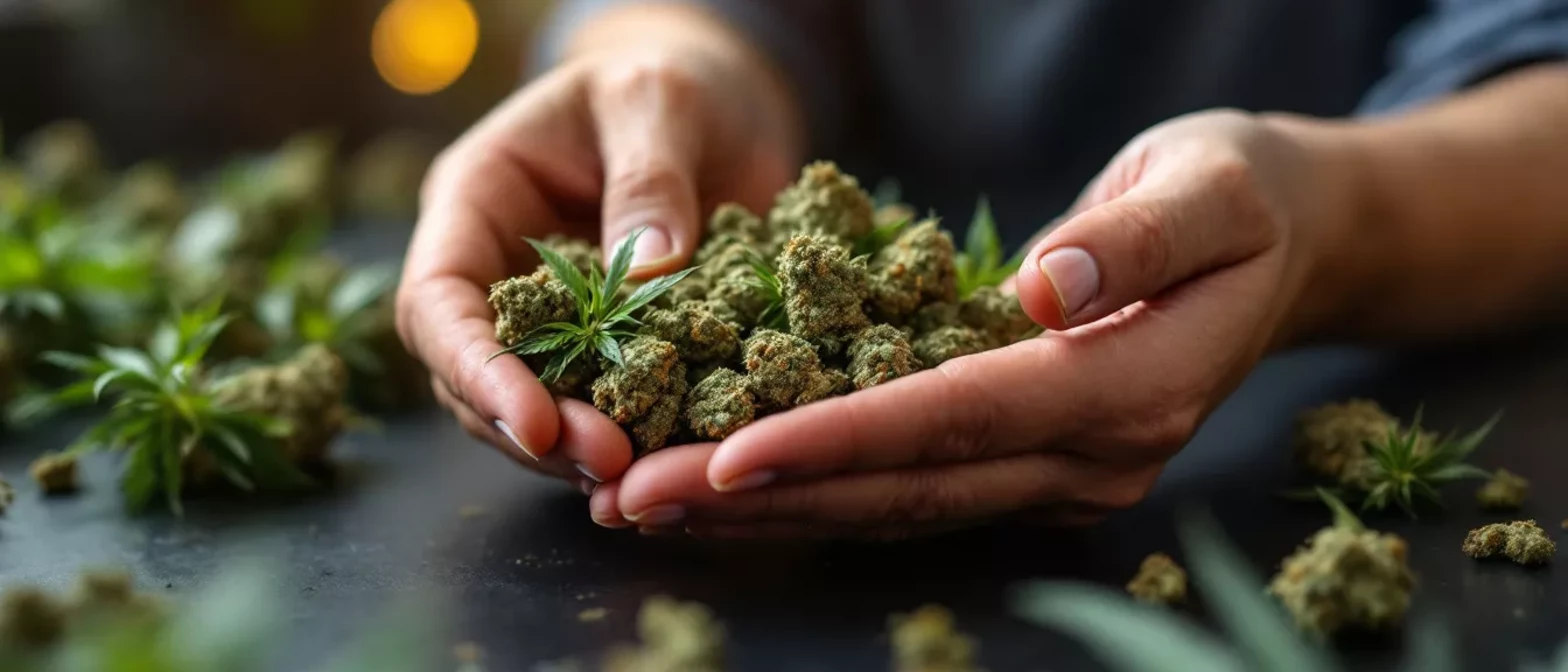 Close-up of hands holding fresh cannabis buds