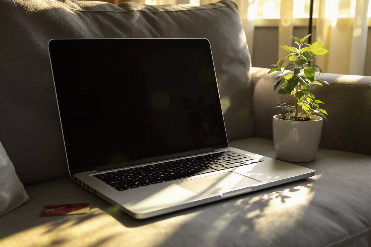 Laptop with black screen, potted plant, and credit card on a sofa.