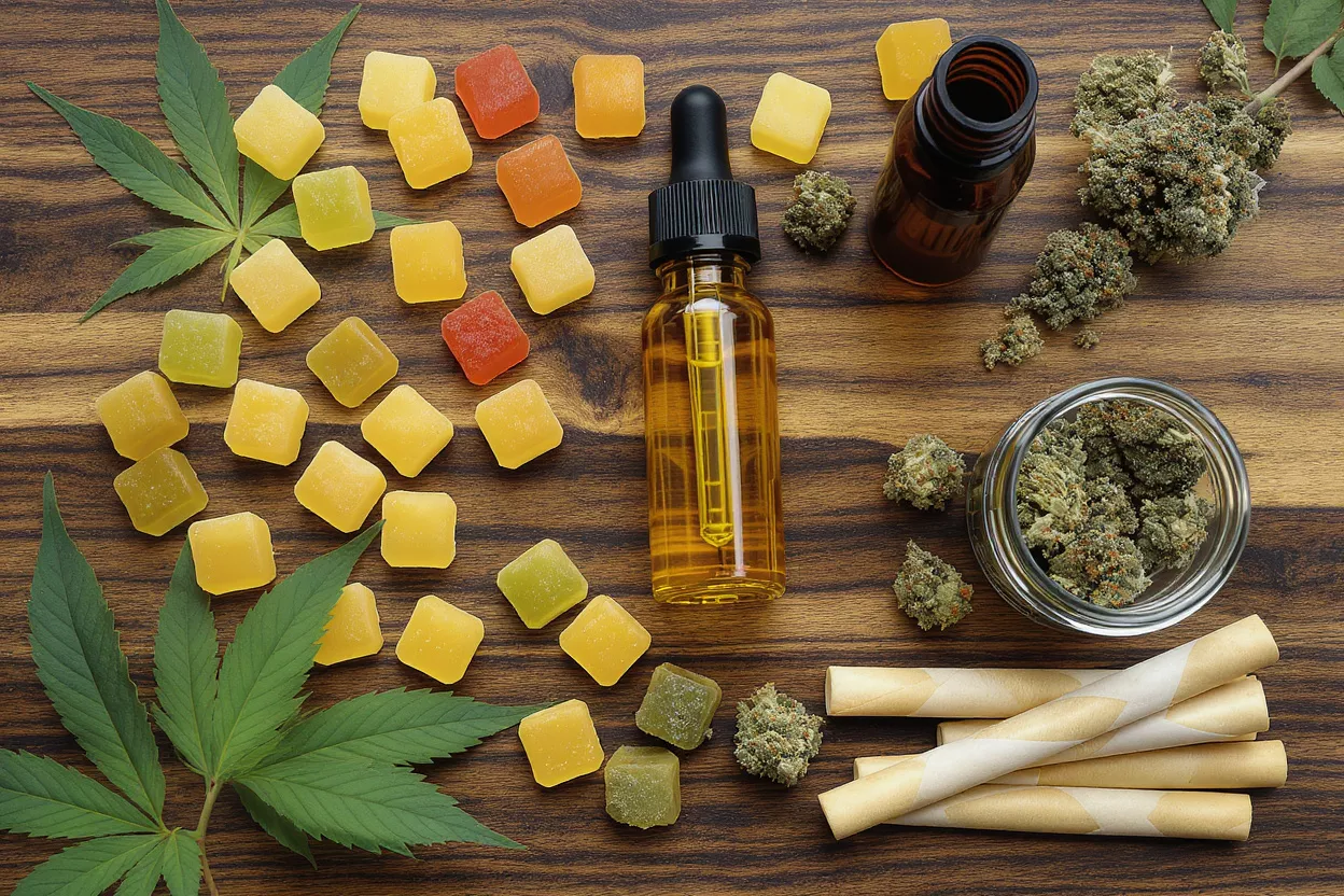 Various cannabis products including gummies, oil, buds, and leaves on a wooden surface.