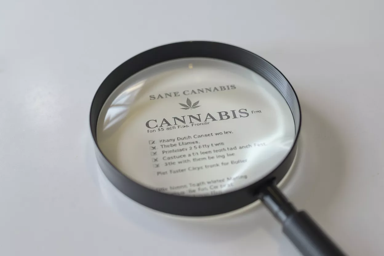 A magnifying glass enlarging text about 'Sane Cannabis' and a list of items.