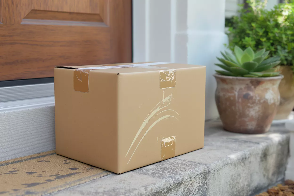 A brown cardboard box sits on a concrete step in front of a wooden door.