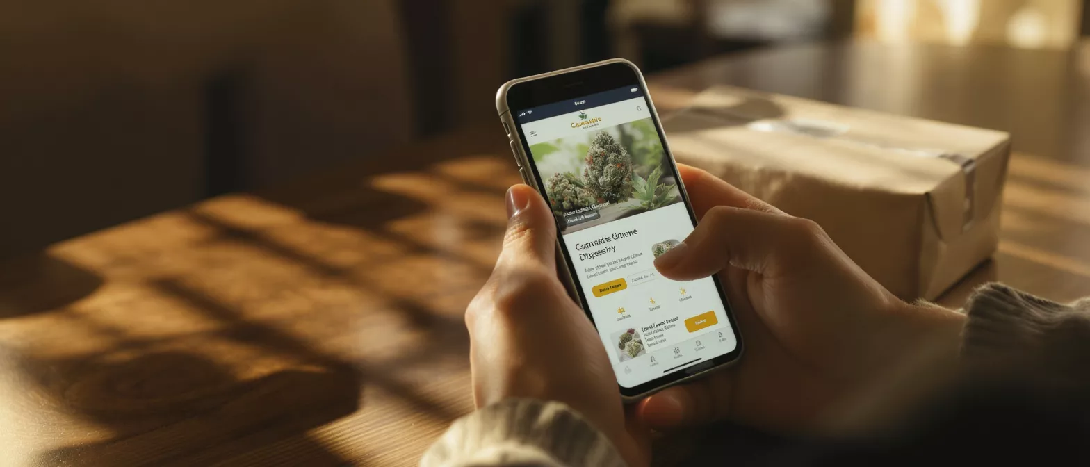 Close-up of hands using a mobile phone with a cannabis delivery app.