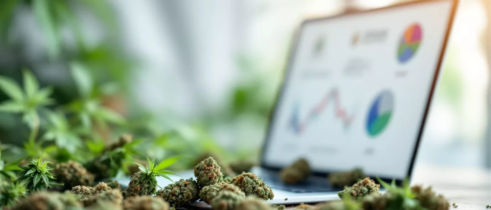 Laptop displaying graphs with cannabis buds around it