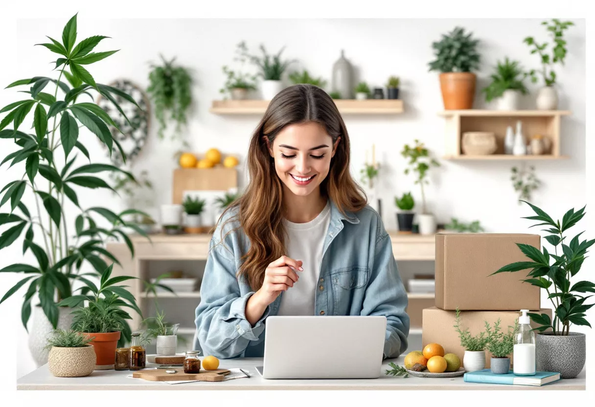Mujer trabajando en oficina en casa Mujer sonriente usando una laptop en un espacio de trabajo lleno de plantas