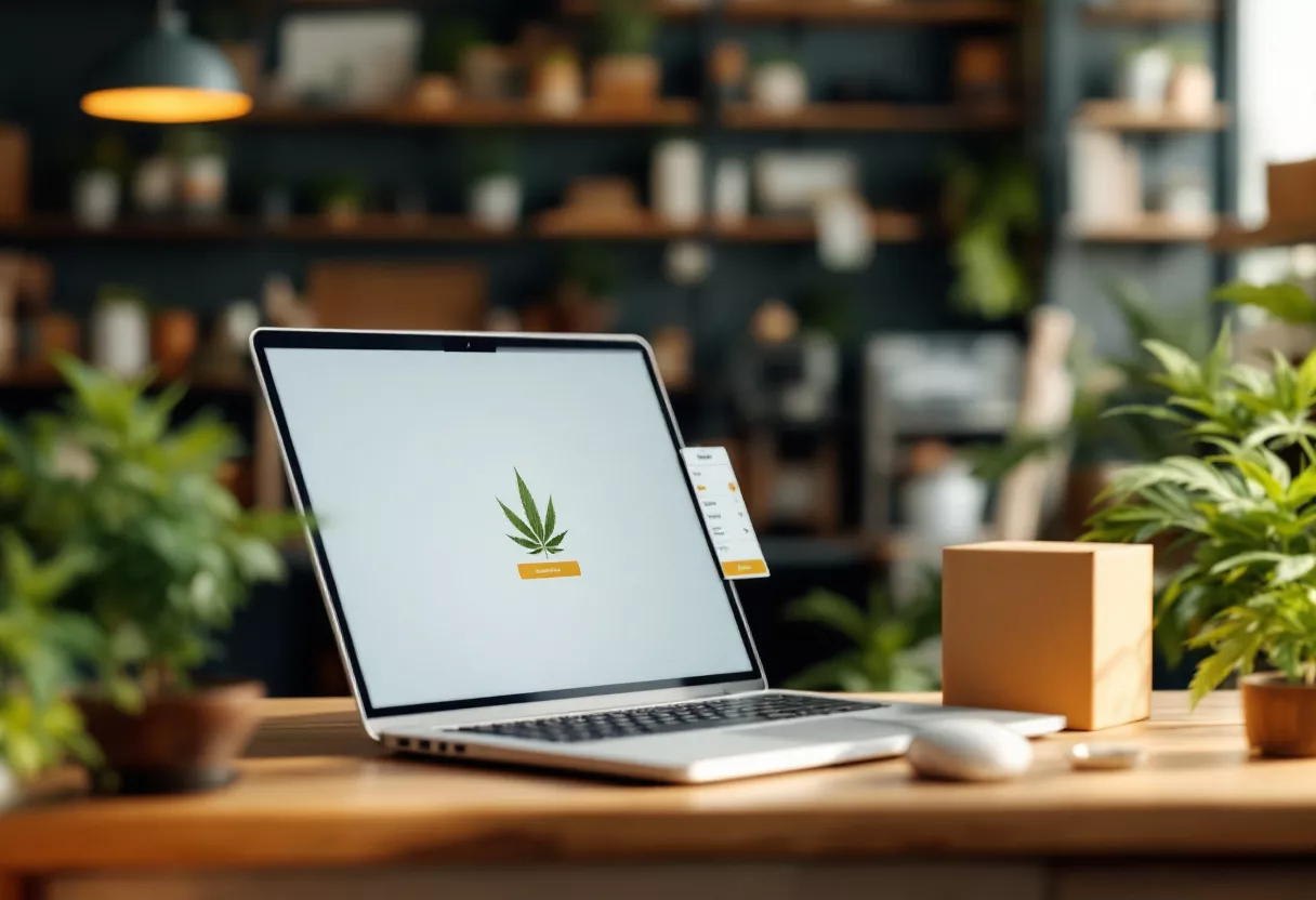 Configuración de oficina moderna en casa Portátil que muestra una hoja de cannabis en un espacio de trabajo elegante
