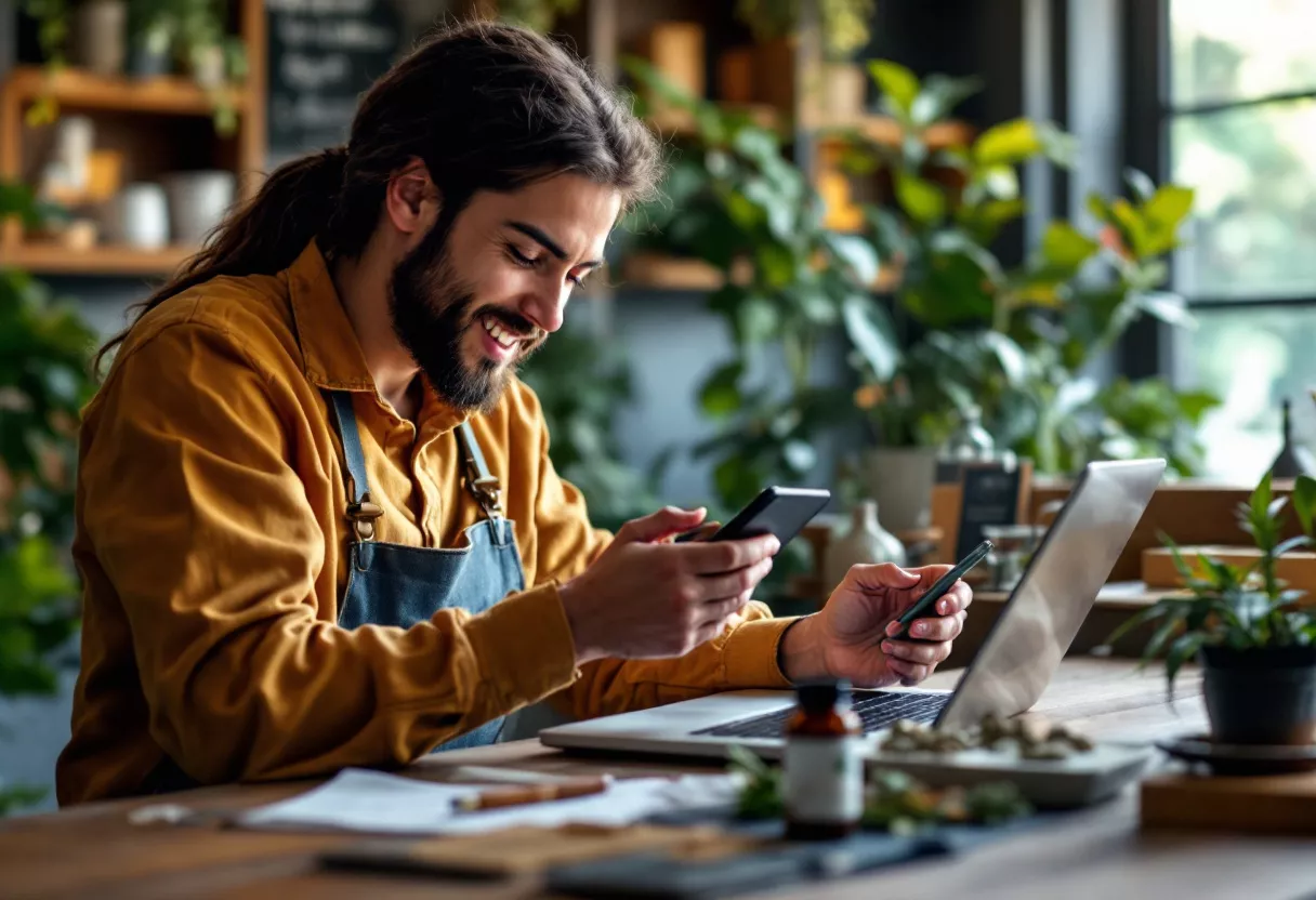 Hombre trabajando con smartphones y portátil Un hombre sonriente usando dos smartphones mientras trabaja