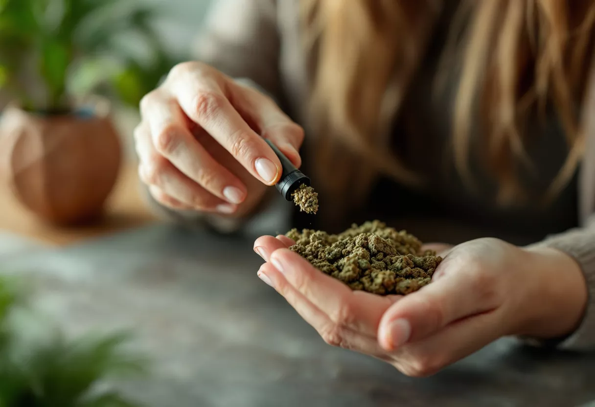 Hands holding cannabis product with a green background