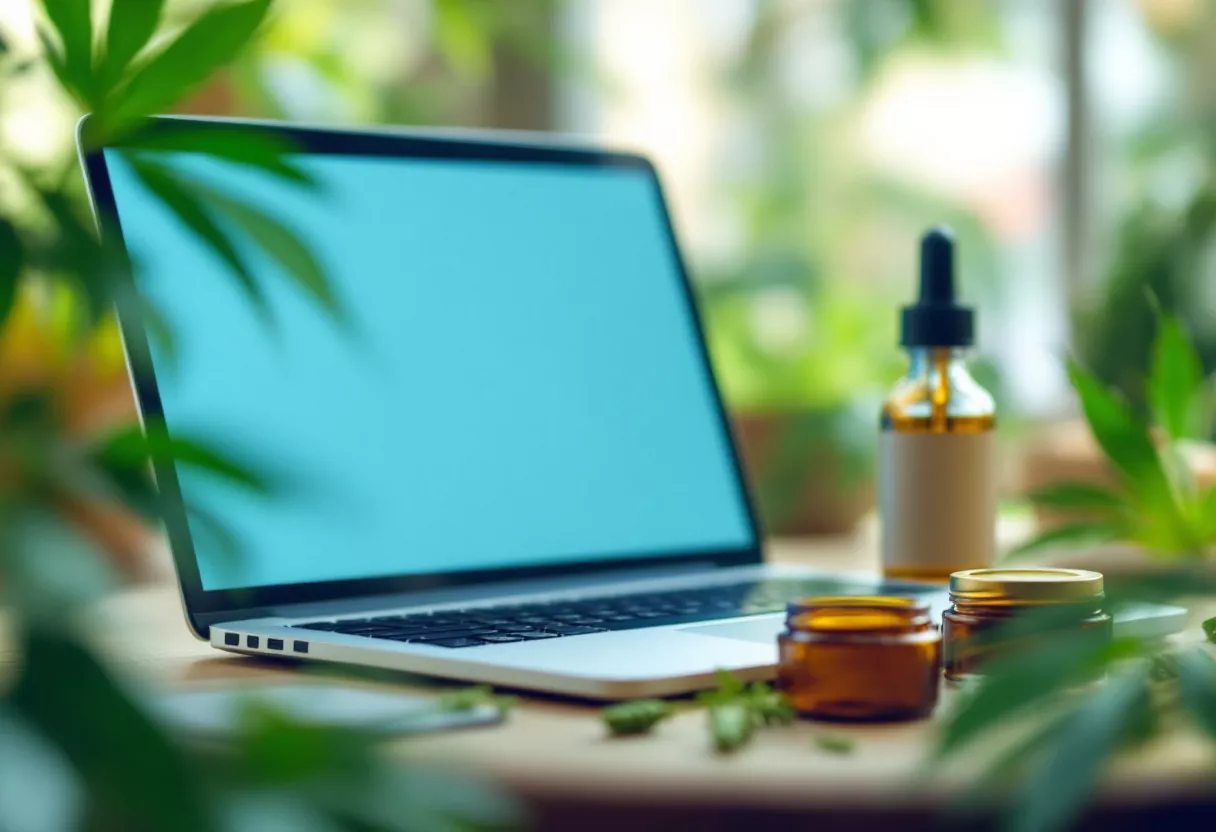 A laptop beside amber bottles and greenery
