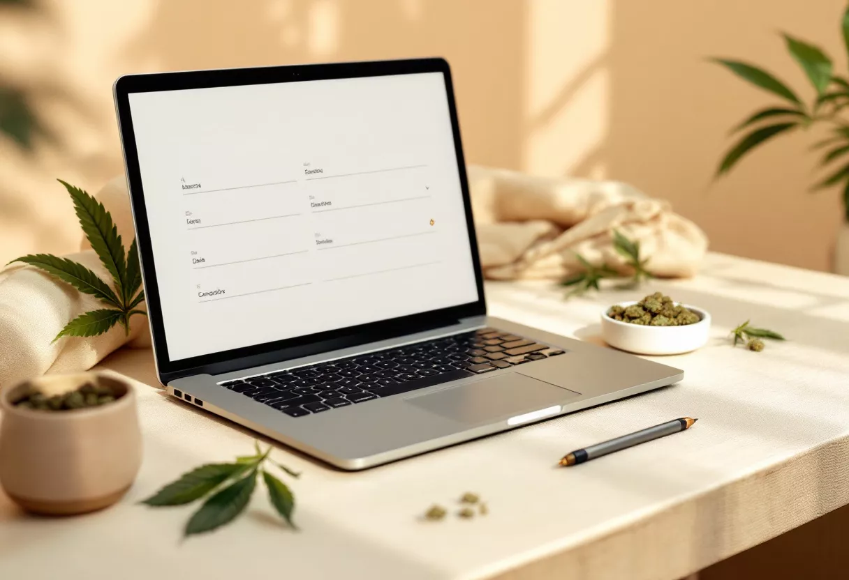 A laptop on a table surrounded by cannabis plants