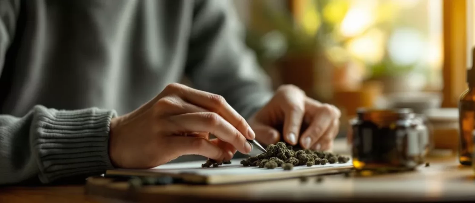 Person handling cannabis buds on a notebook