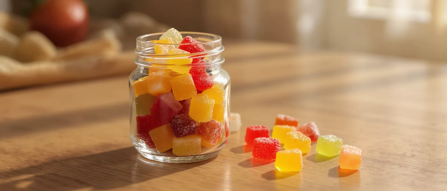 A glass jar filled with vibrant, sugar-coated fruit gummies on a wooden table.