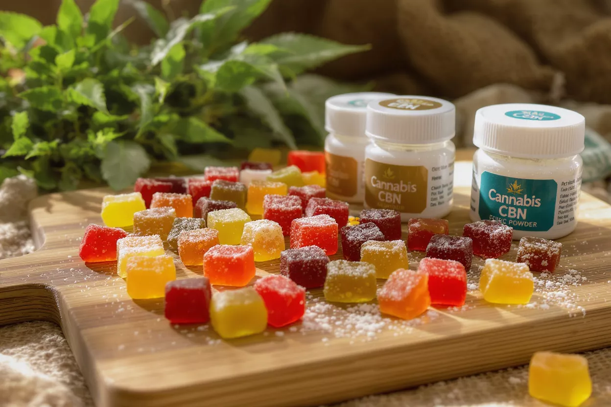Colorful cannabis CBN gummies and powder jars on a wooden board.