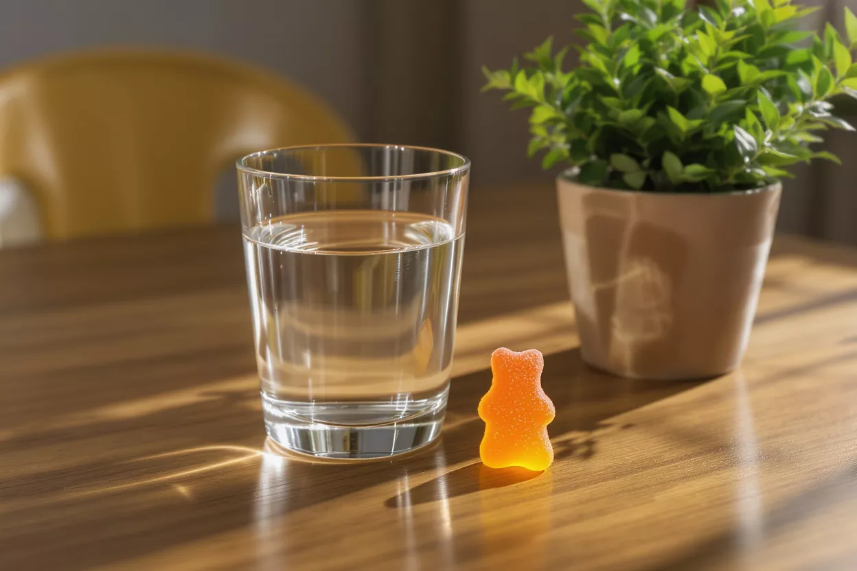 An orange gummy bear, a glass of water, and a potted plant on a wooden table.