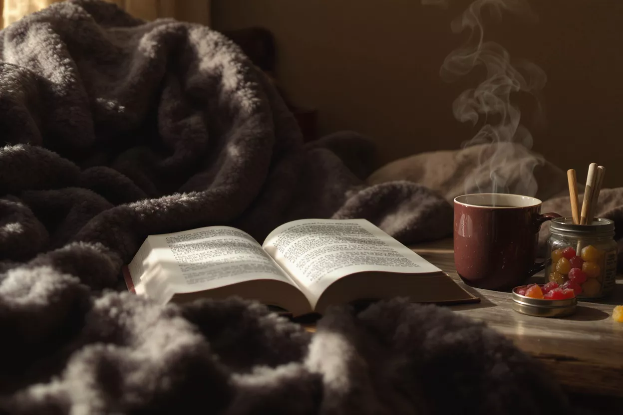 Open book, steaming coffee, and candy on a blanket in warm light.