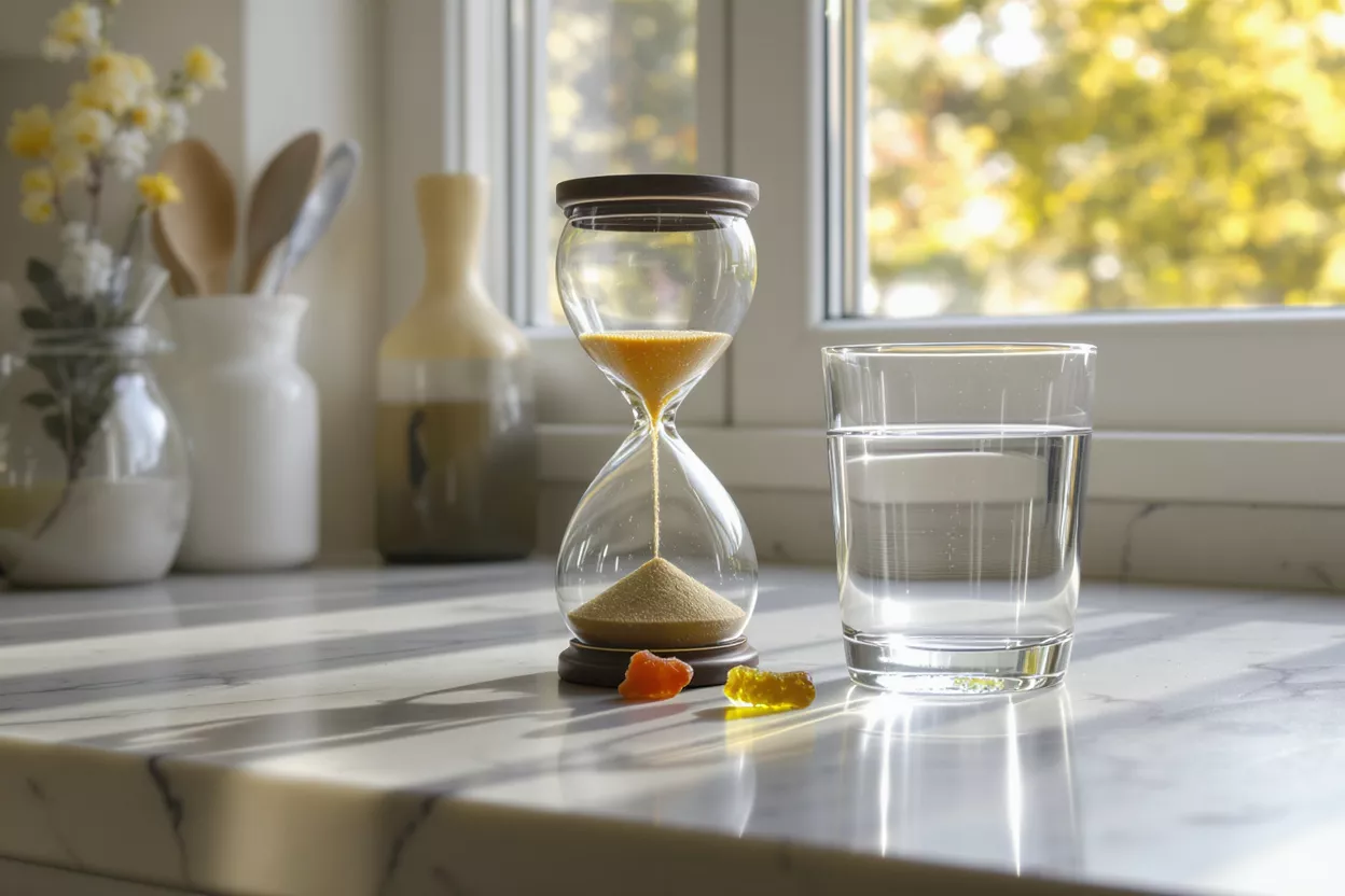 Hourglass, glass of water, and gummy candies on a sunlit kitchen counter.