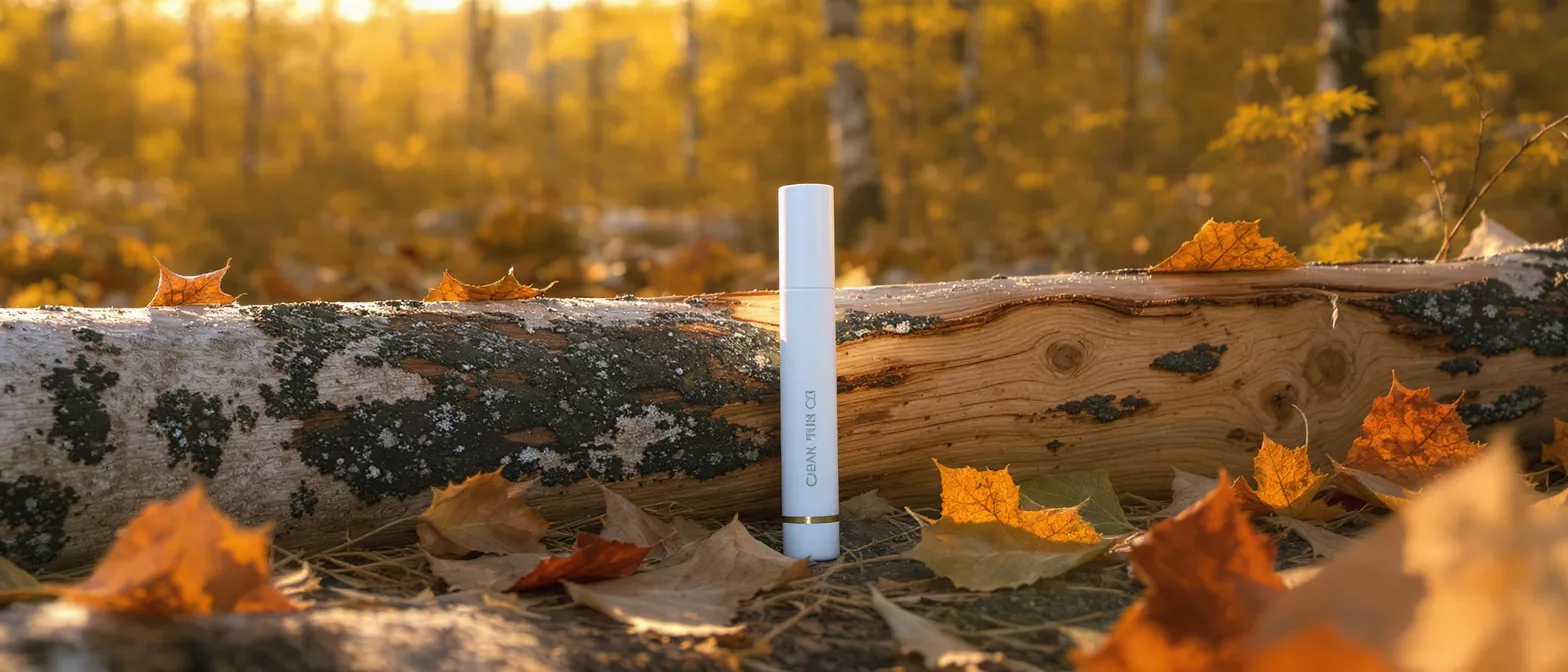 A white skincare product on a log surrounded by autumn leaves