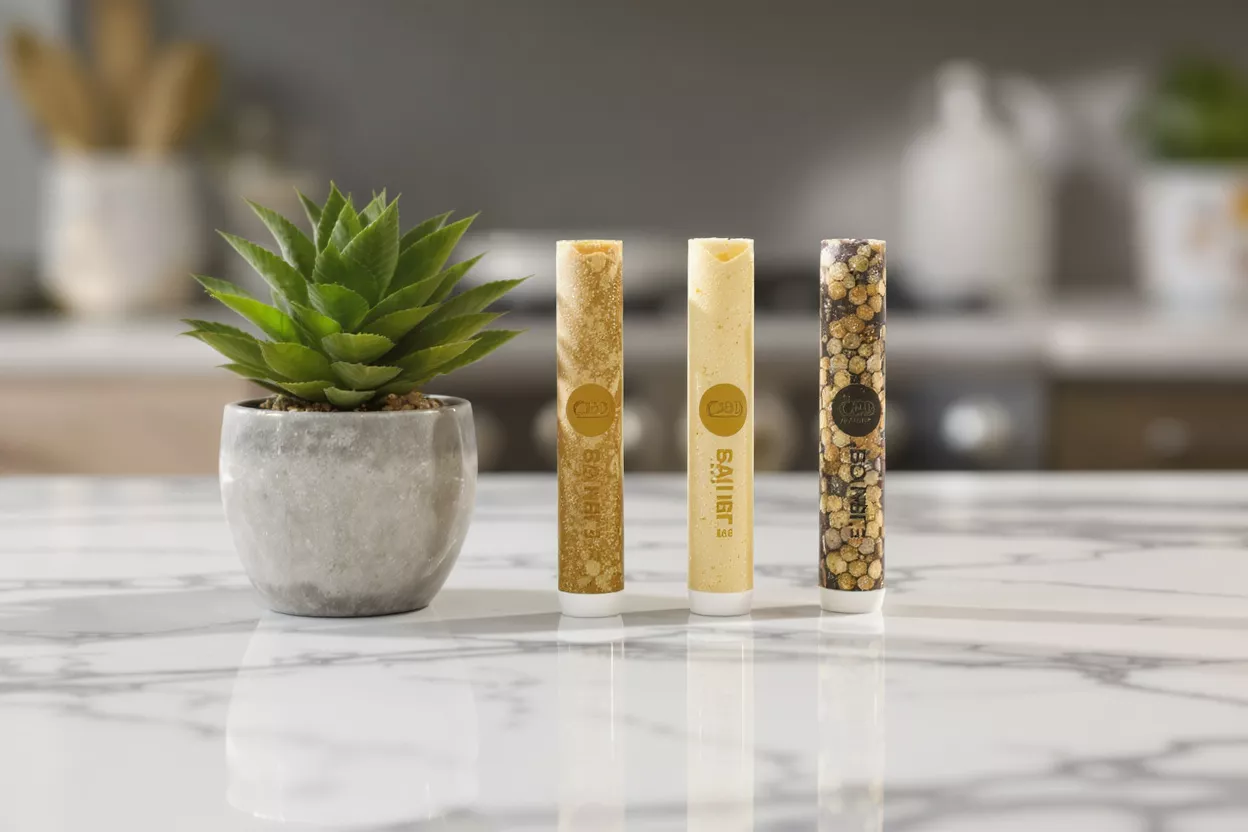 Three CBD infused products next to a succulent plant