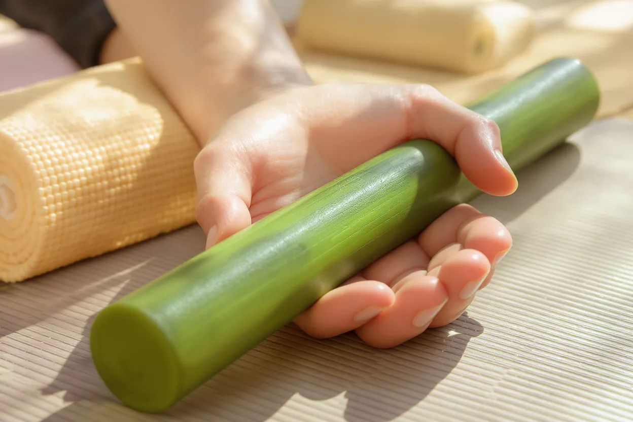 A hand holding a green yoga roller on a mat