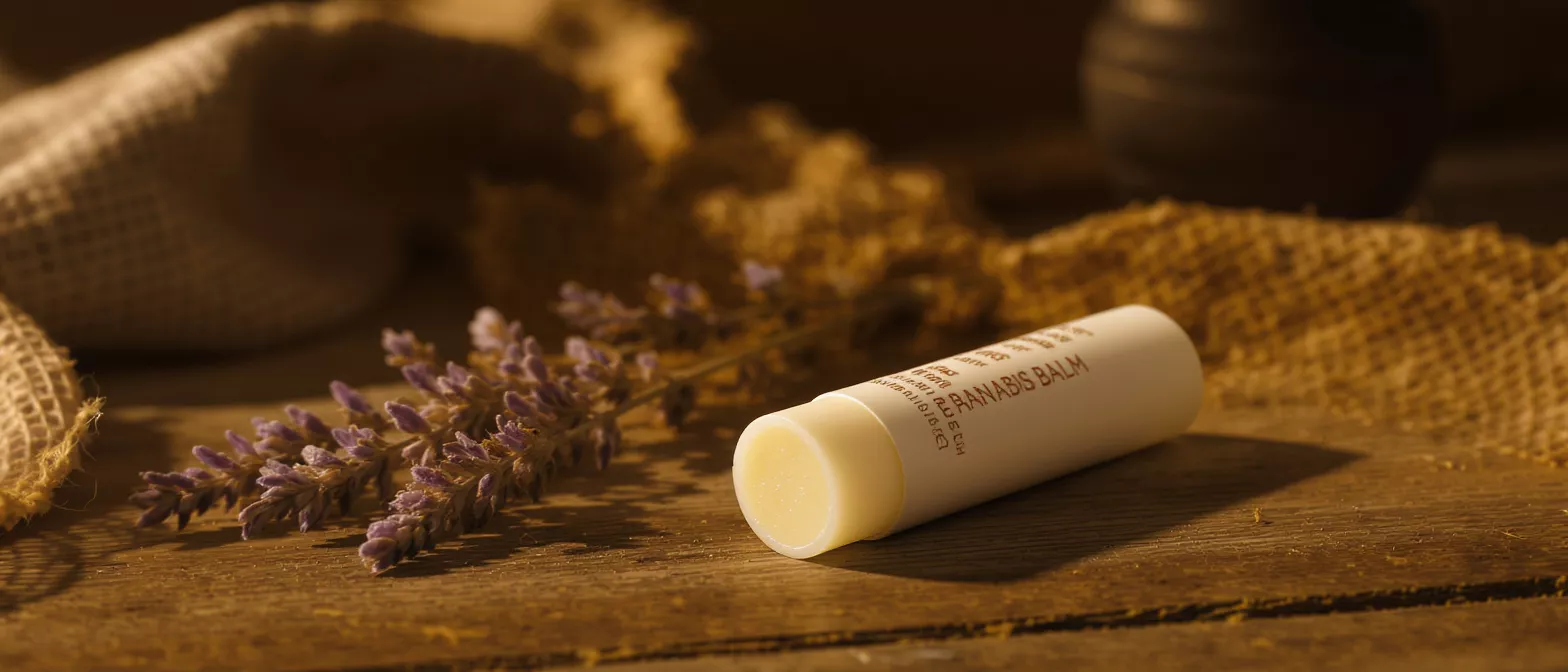 Lavender cannabis balm on wooden surface