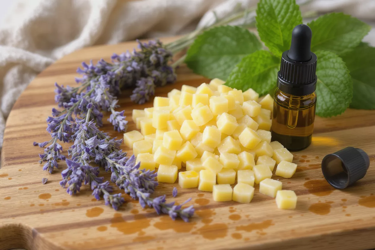 Lavender sprigs, yellow wax chunks, and essential oil bottle
