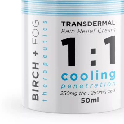 Birch + Fog THC/CBD 1:1 Cooling Cream for targeted pain relief, 50ml container.