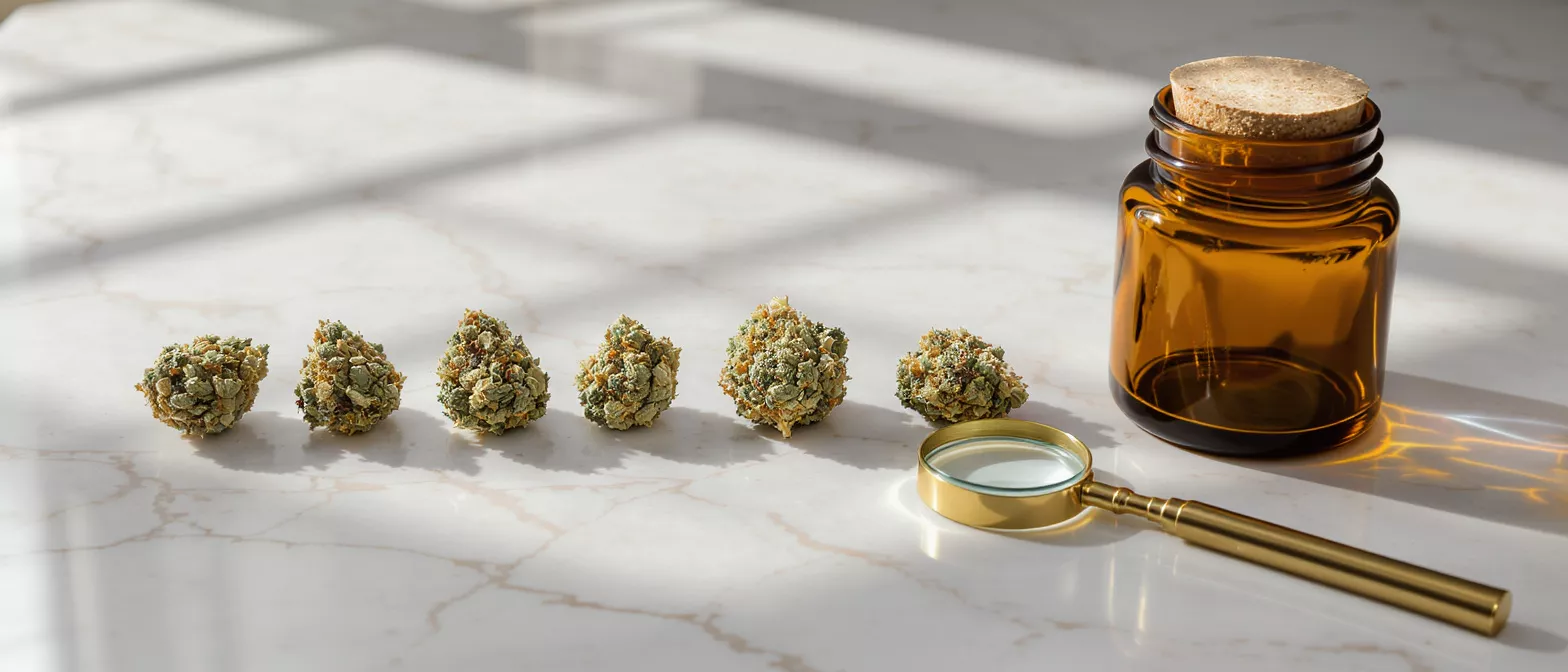Six cannabis buds, a magnifying glass, and an amber jar on a marble surface.