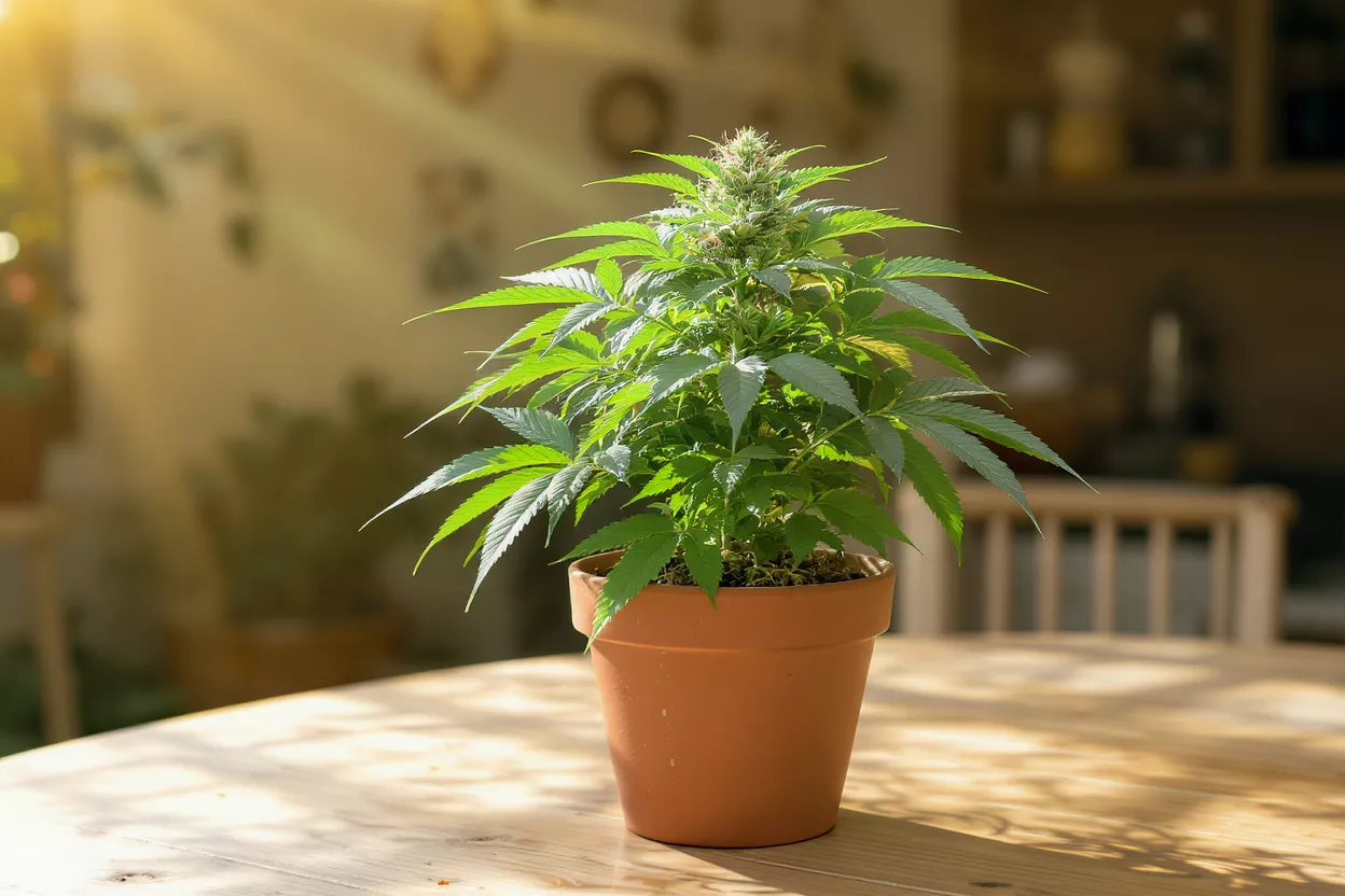 A vibrant cannabis plant in a terracotta pot on a wooden table, bathed in sunlight.