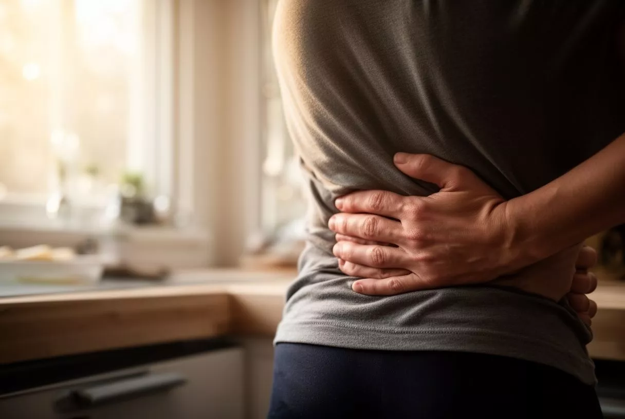Person holding their stomach in pain, standing in a kitchen.