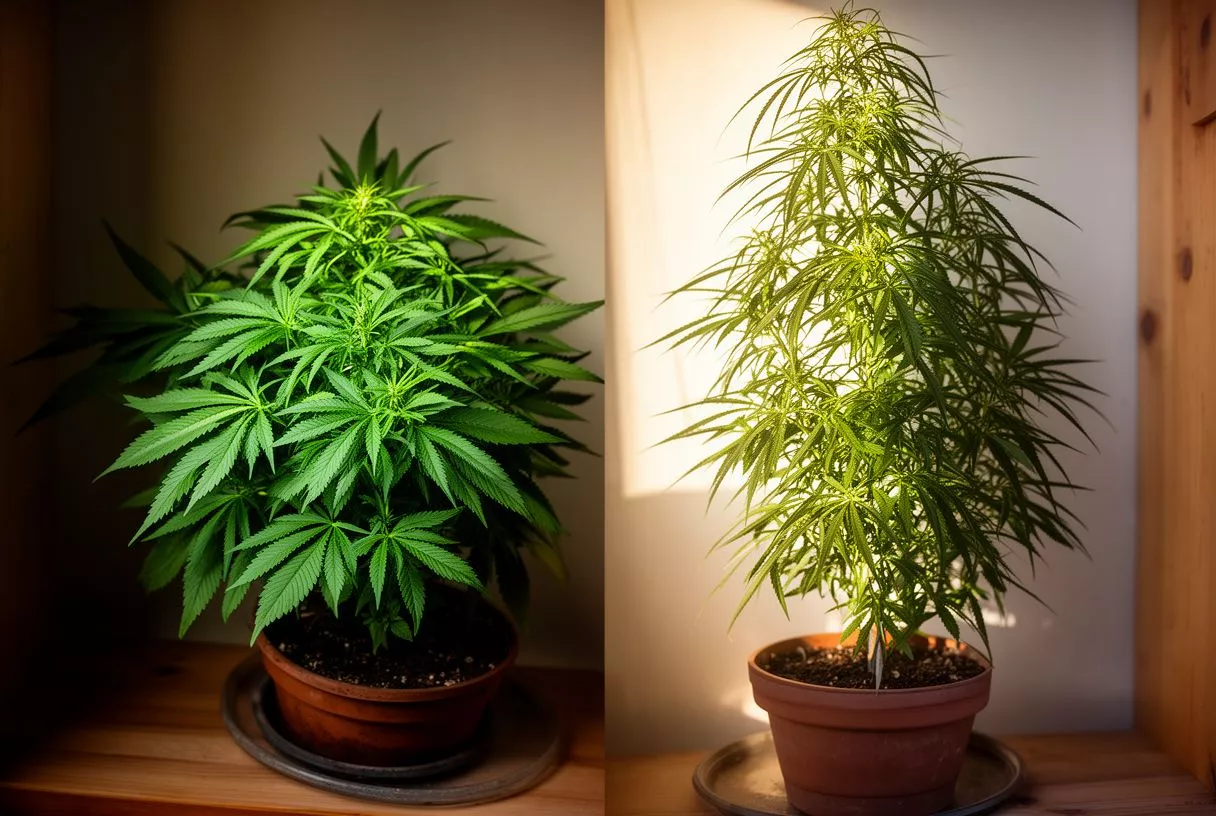 Two potted cannabis plants, one bushy and one tall, showing growth stages.