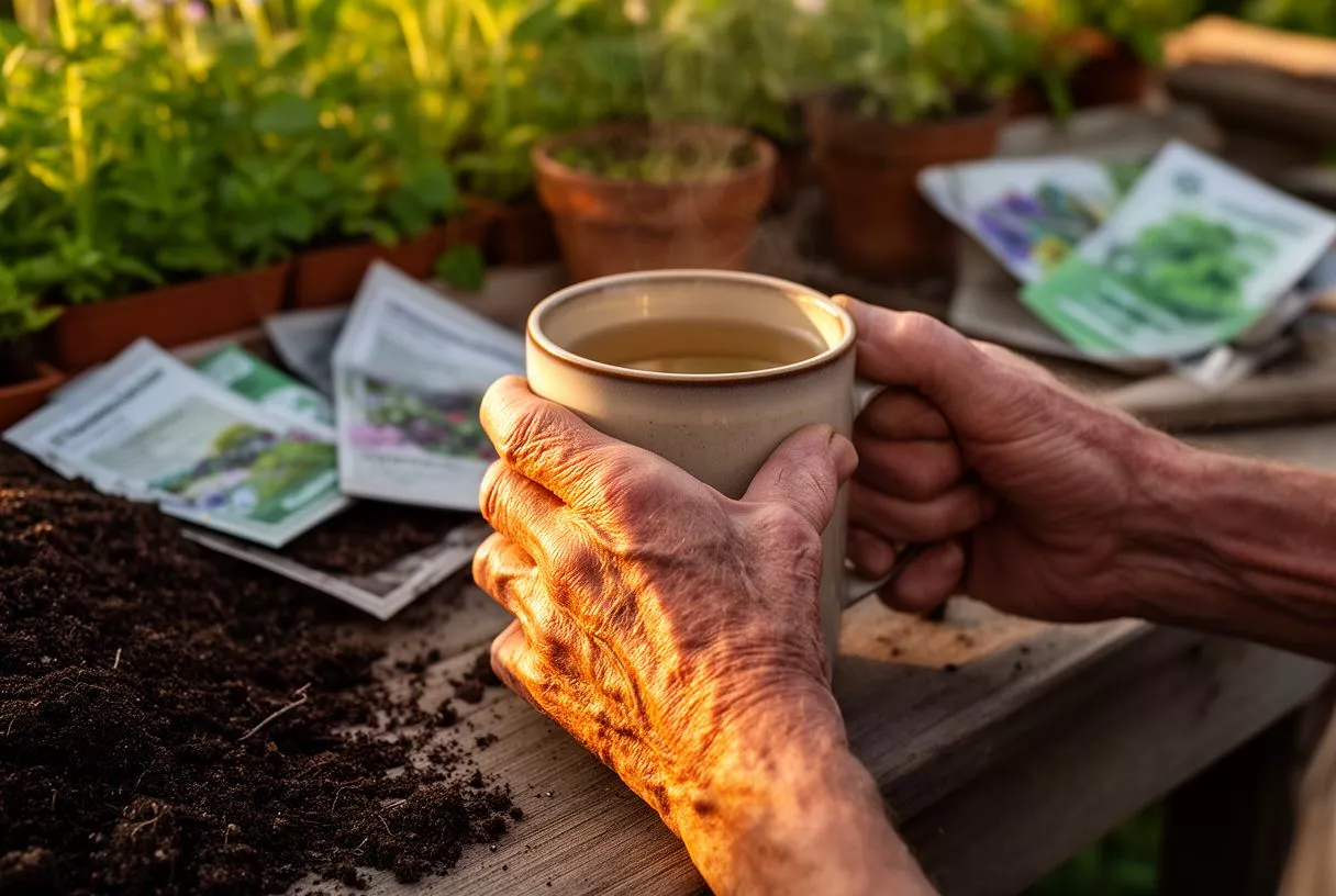 Close-up of weathered hands holding a steaming mug of tea amidst gardening supplies.