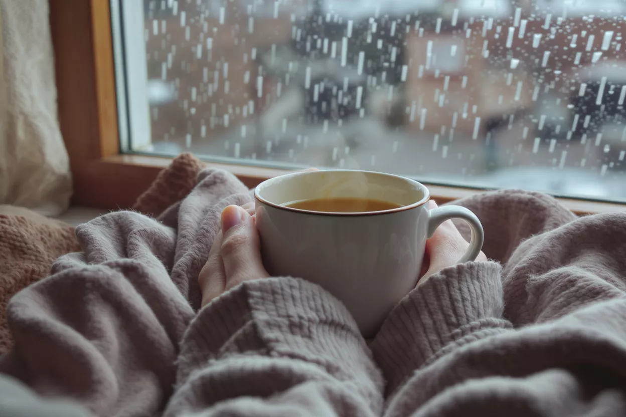 Hands holding a steaming mug of coffee by a window with falling snow.