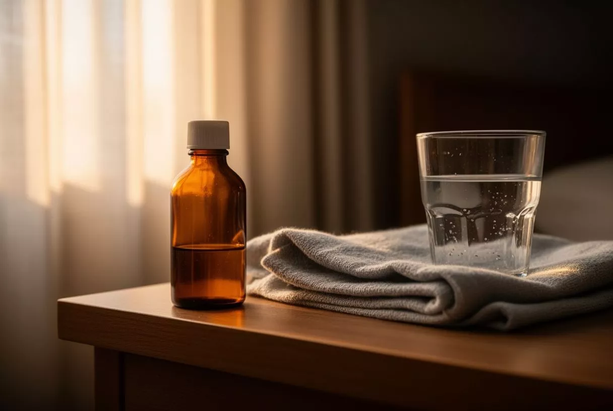 Amber medicine bottle and glass of water on a bedside table with soft light.