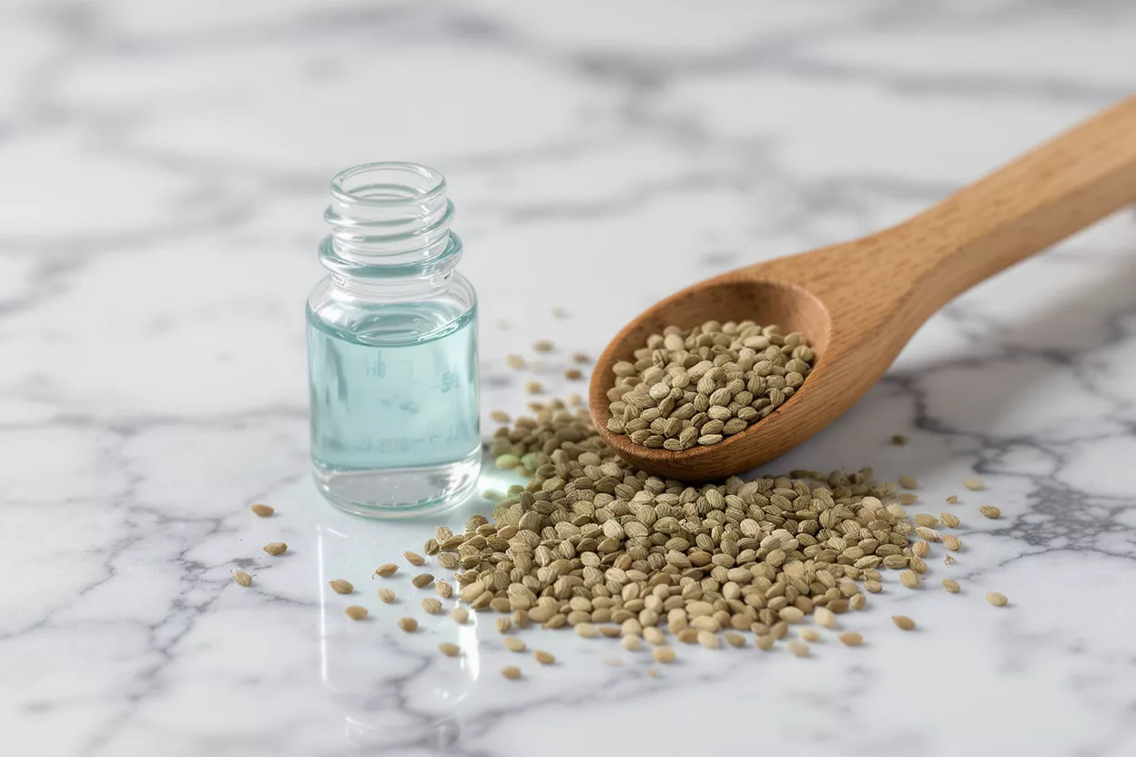 Small glass bottle of light blue liquid next to coriander seeds on a marble surface.