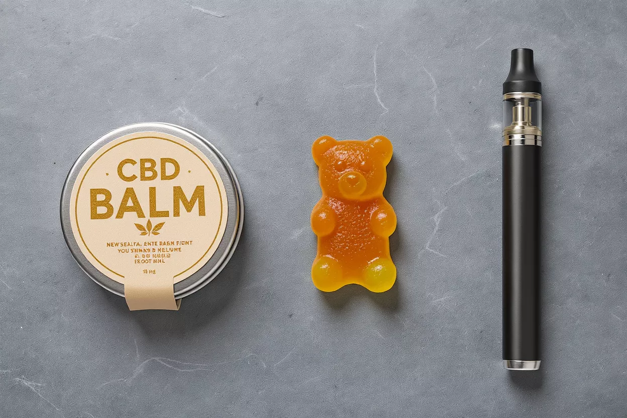 CBD balm, gummy bear, and vape pen on a gray background.
