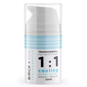 Transdermal pain relief cream with 250mg THC and CBD in a 1:1 ratio by Birch + Fog.