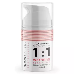 Birch + Fog transdermal pain relief cream, 1:1 THC:CBD, 50ml.