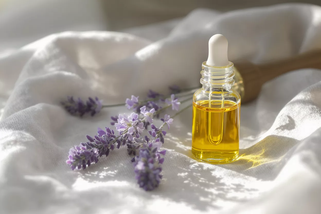 A bottle of lavender oil beside fresh lavender flowers