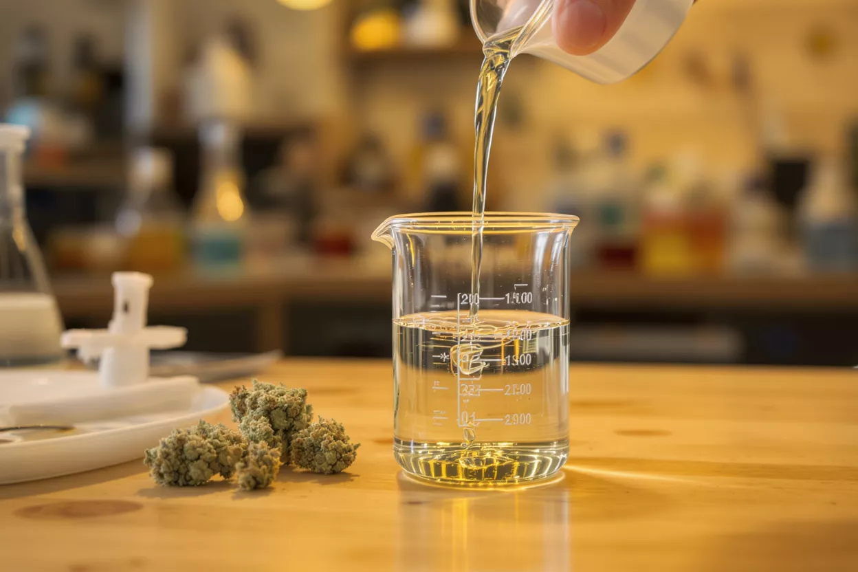 Cannabis oil being poured into a beaker with cannabis buds on a wooden table.