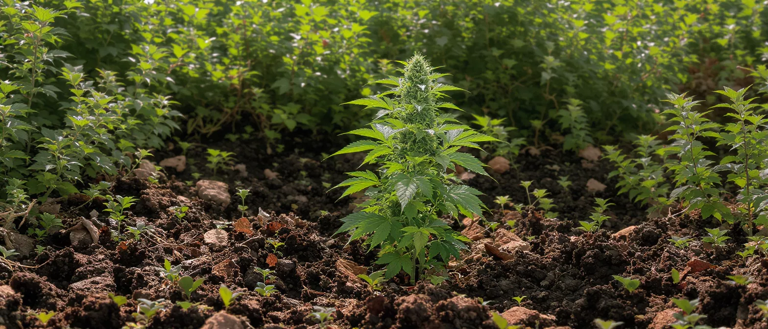 A vibrant green cannabis plant growing in rich soil amidst other green foliage.