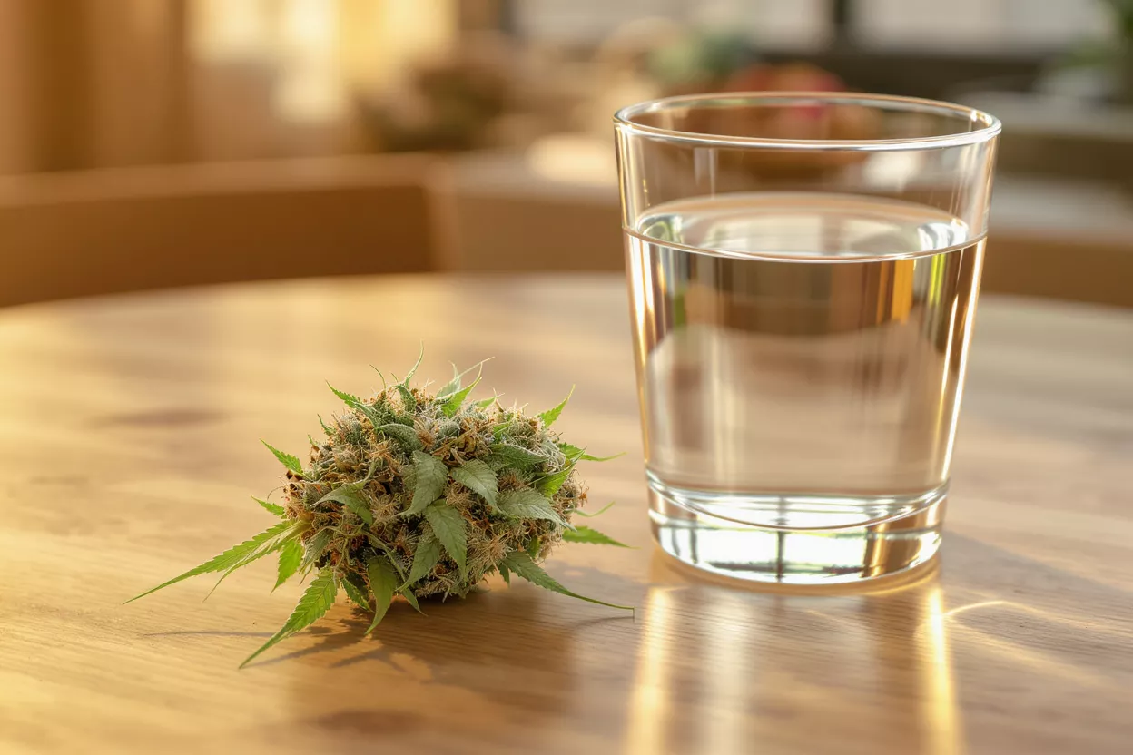 A vibrant cannabis bud sits beside a clear glass of water on a wooden table.