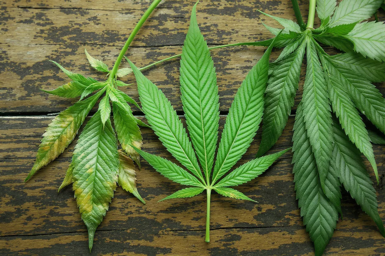 Three cannabis leaves on a wooden background, showing healthy and unhealthy states.